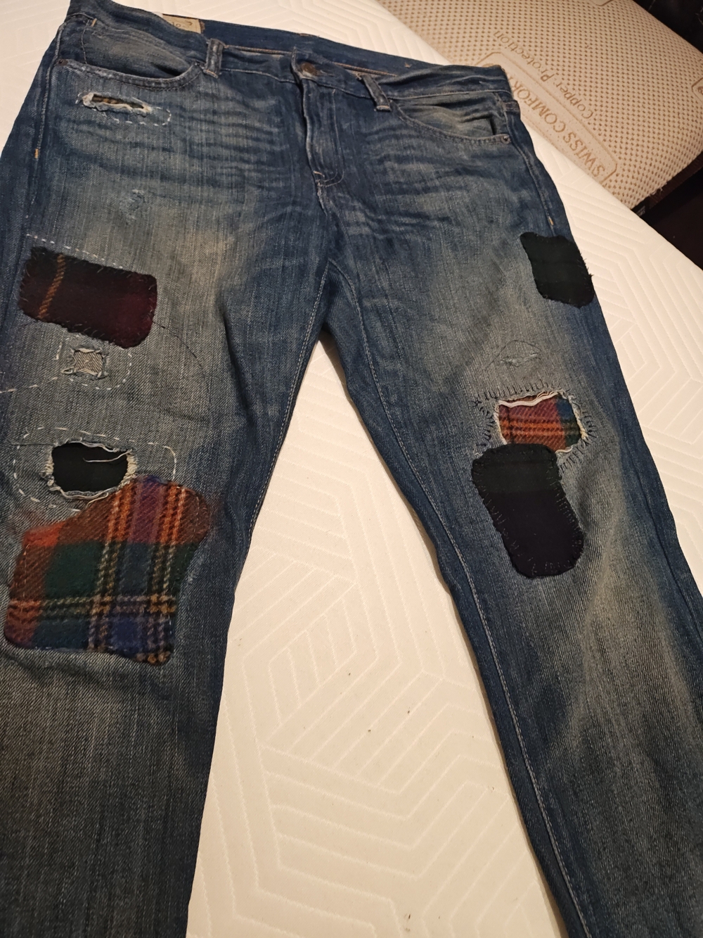 Polo by Ralph Lauren Slim Straight Distressed Blue Jeans with Plaid Patches - Picture 12 of 16